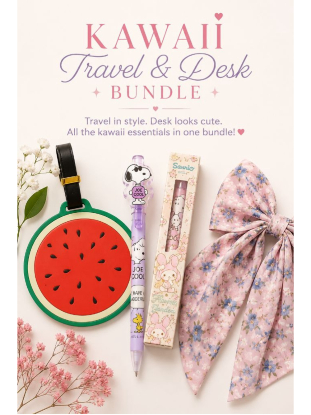 Kawaii Travel & Desk Bundle Snoopy Pen Blind Box Bow Luggage Tag Gift Set